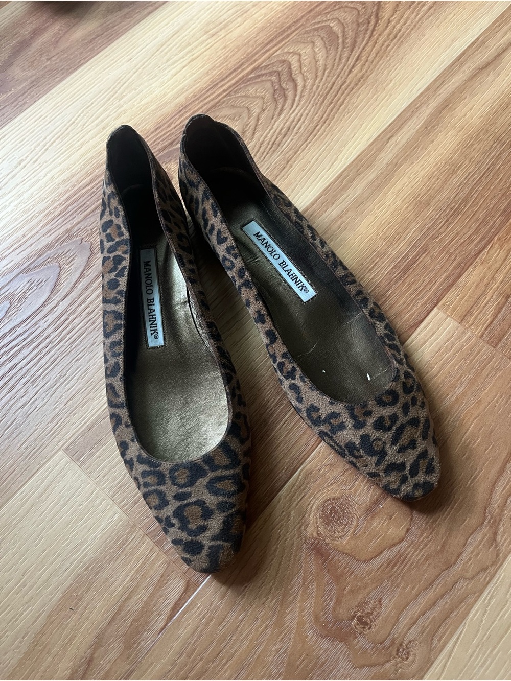 Manolo Blahnik Leopard-Pattern Pointed Toe Flats in Brown and Black